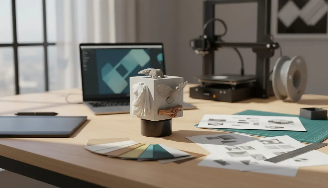 Et håndlavet 3D-kube-logo på et designbord omgivet af skitser, farveprøver og en grafisk tablet.