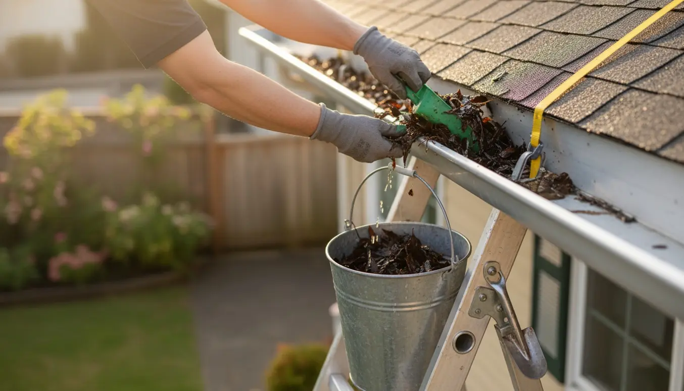 Nærbillede af rensning af tagrende med skovl og handsker, hvor en del er rengjort og den anden stadig fyldt med blade.