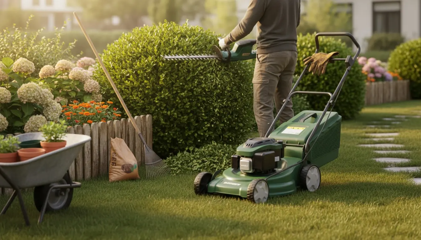 Person klipper hæk i en velholdt have med nyklippet græs og haveredskaber.