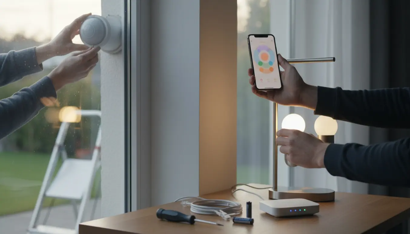 Hænder justerer en udendørs lysføler ved et vindue med smartphone og værktøj til fejlfinding af Philips Hue.
