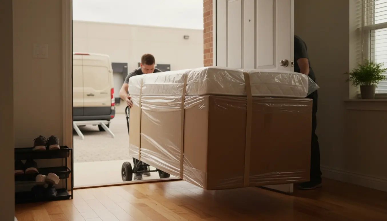 To personer bærer en indpakket boxmadras og en vakuumpakket topmadras ind i et rækkehus gennem hoveddøren på stueplan.