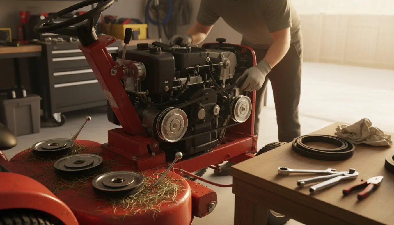 Hænder justerer forkert monterede remme på en havetraktor med åben motor og værktøj rundt om.
