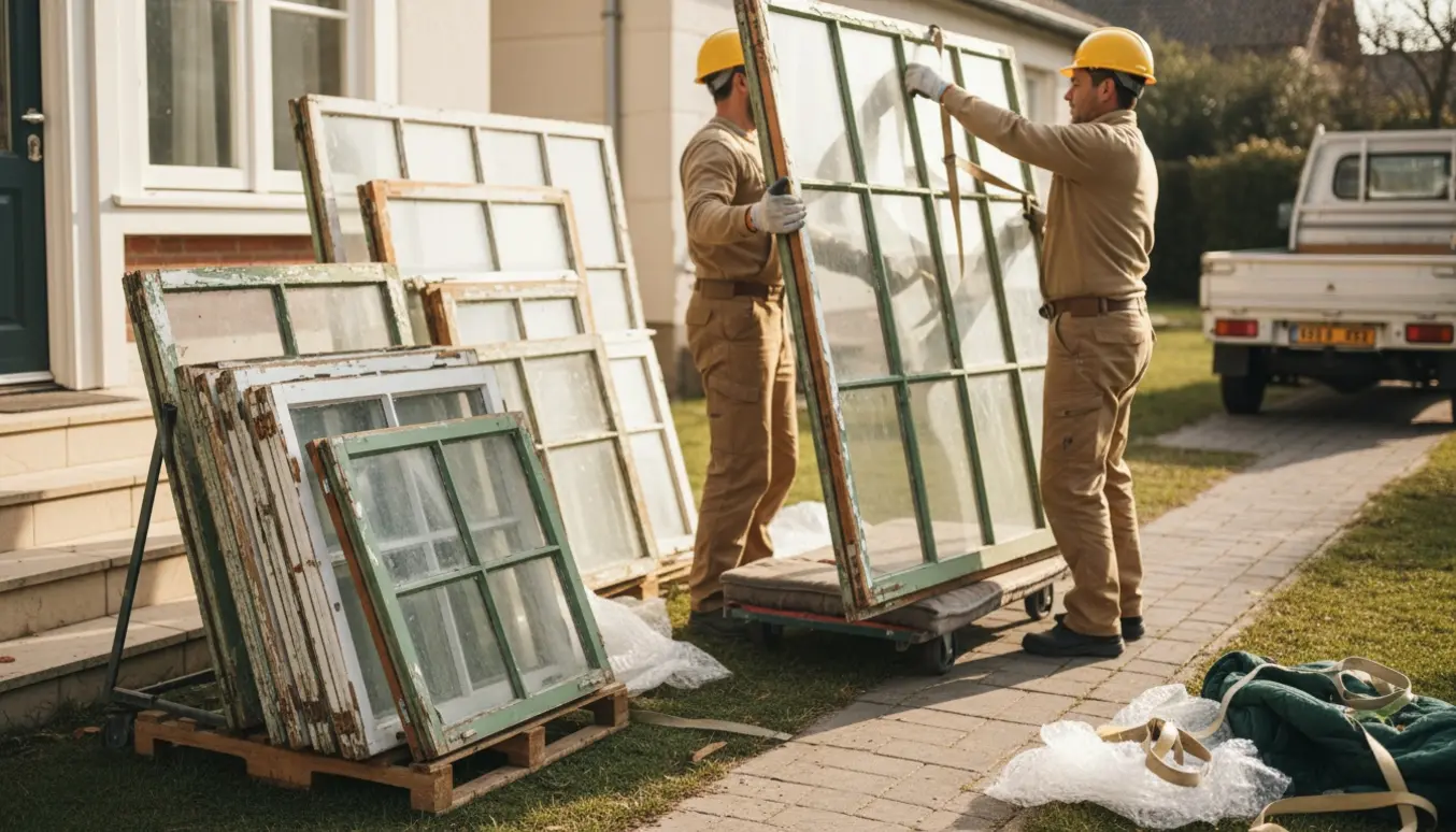 Store gamle vinduesrammer bæres ud til storskrald på en sækkevogn foran et hus.