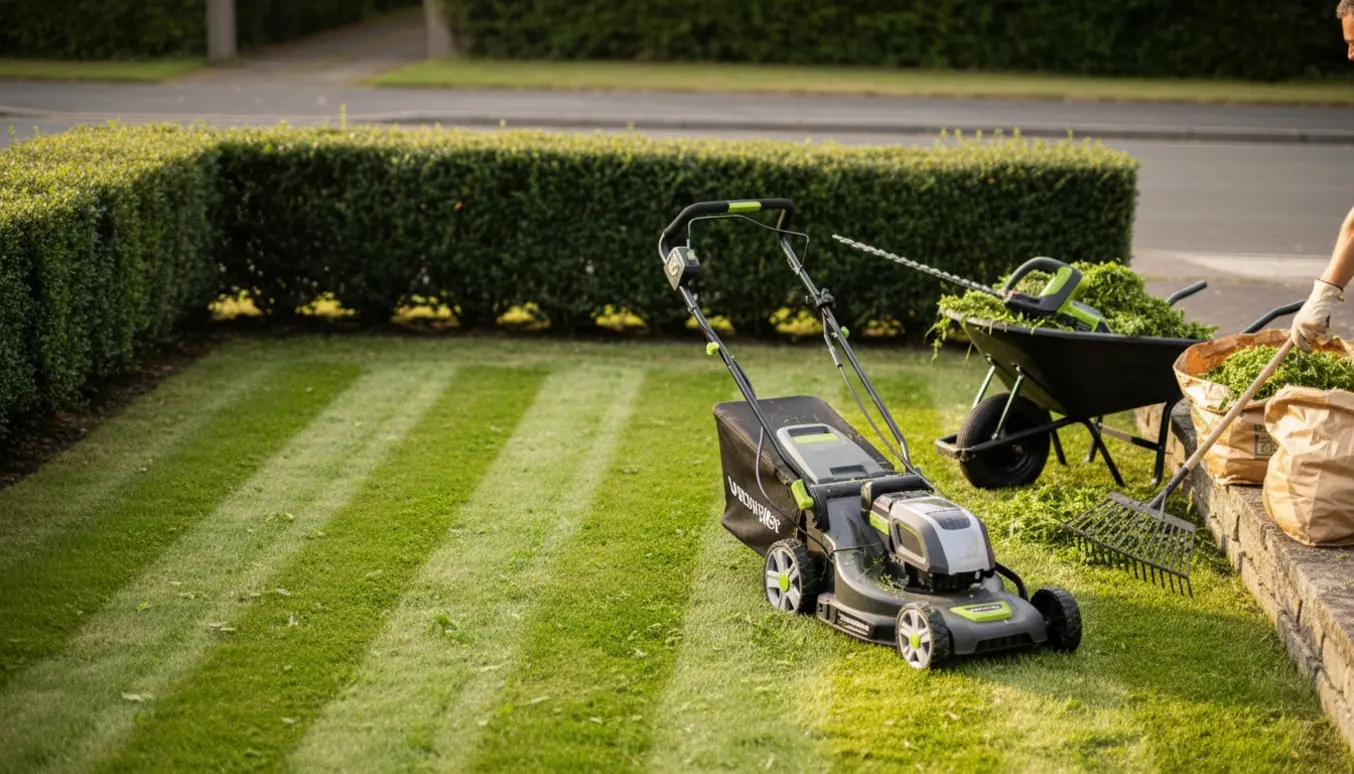 Nyslået plæne med stribemønster og en nyklippet taks-hæk, rive og trillebør med grønt haveaffald.