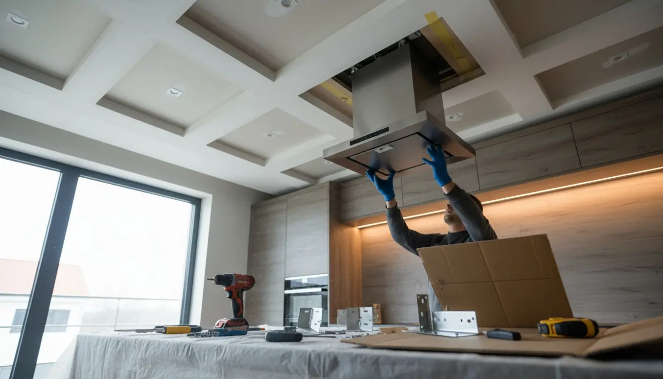 Indbygget emhætte sættes på plads i et profiloft over et beskyttet køkkenbord.