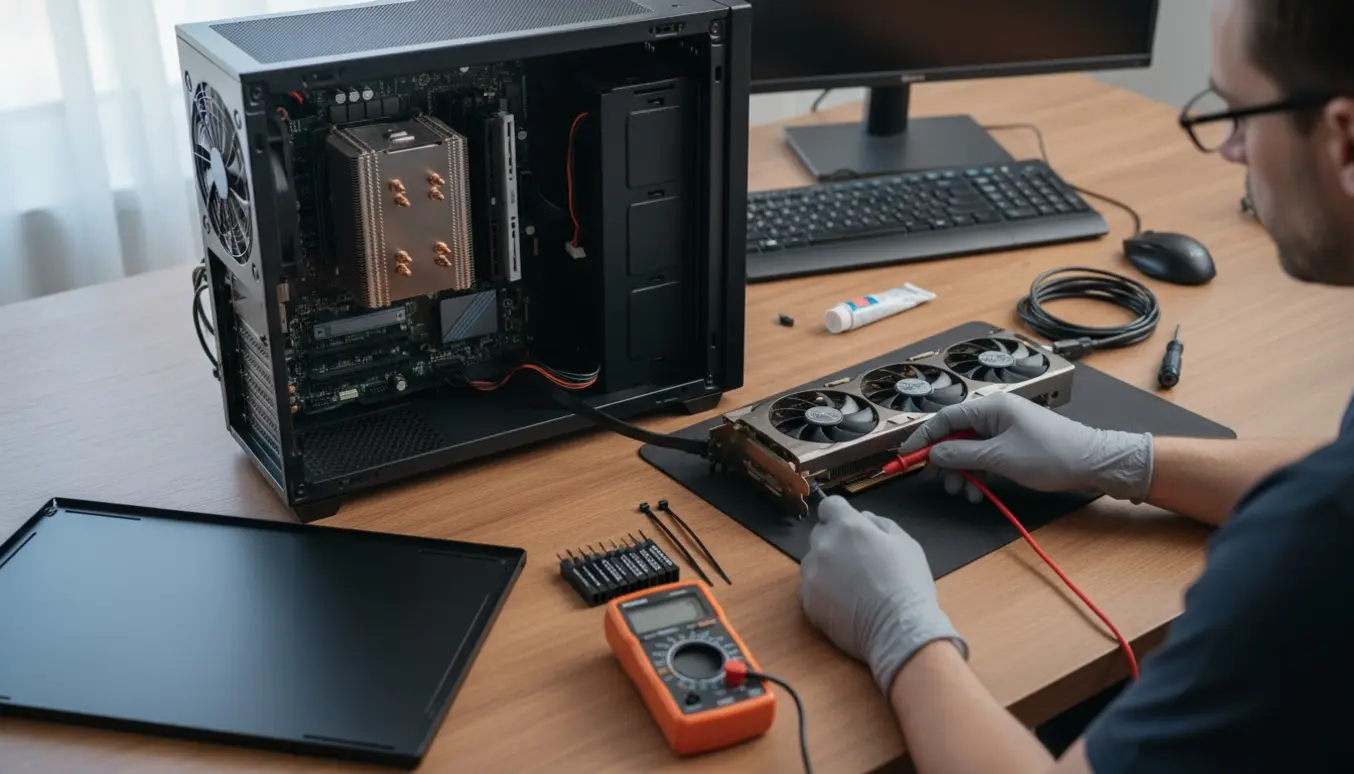 Åben gamer-pc på et skrivebord med hænder, der tester strømforsyning og kabler.