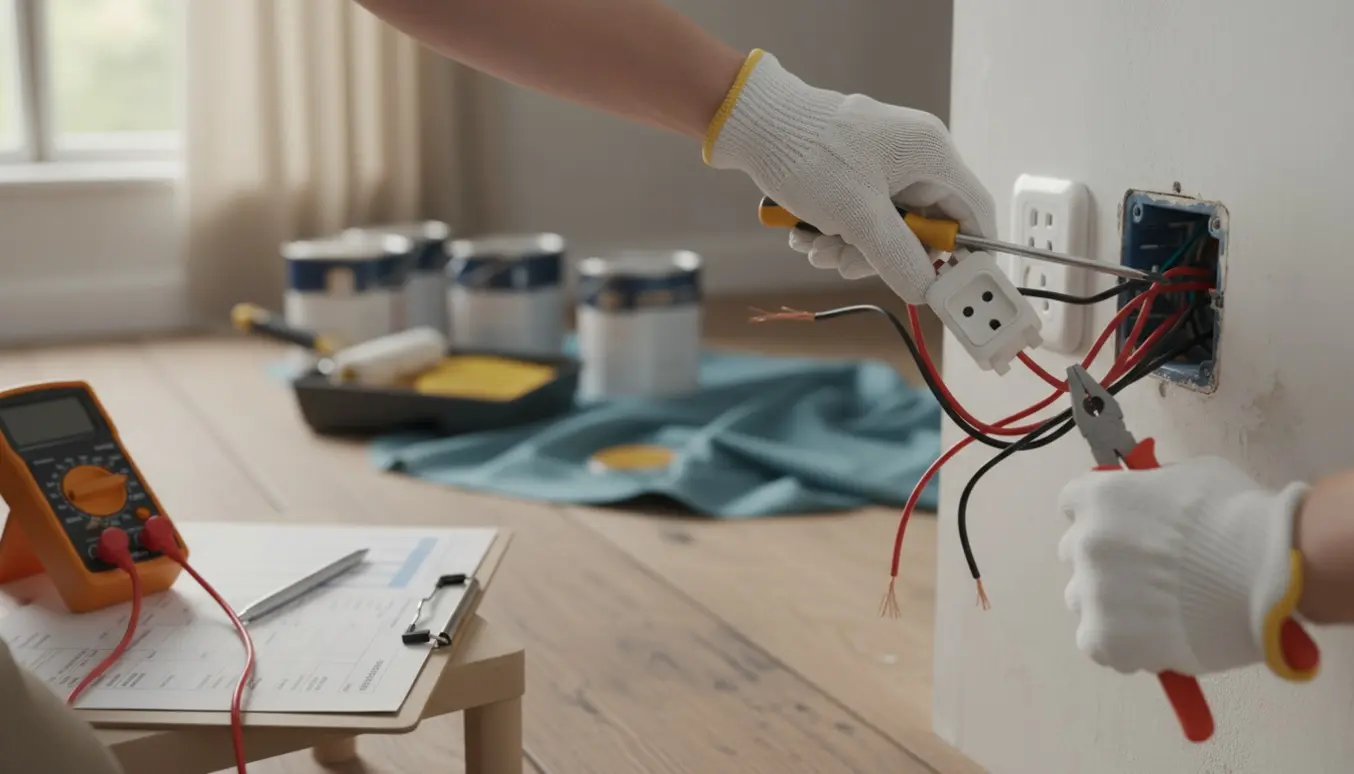 Elektriker skifter en stikkontakt til en børnesikret udgave med værktøj og en sløret el-rapport i baggrunden.