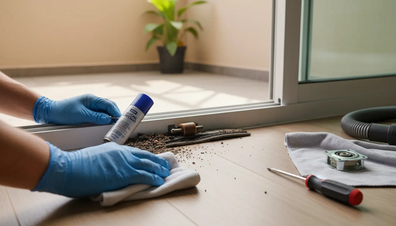 Nærbillede af hænder, der justerer rullen og rengør skydedørens bundspor med værktøj, med en lille overdækket terrasse udenfor.