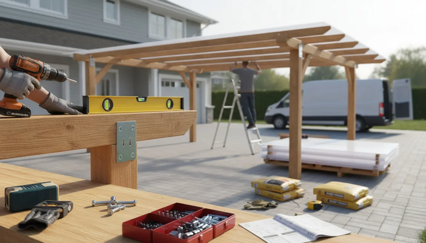 Delvist opført træcarport i indkørsel med håndværkere og værktøj.