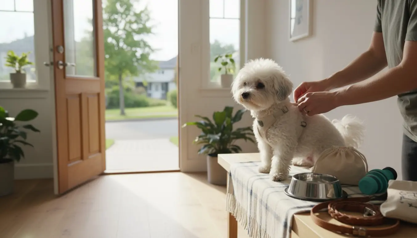 To små hvide bichon friser bliver gjort klar til gåtur af en hundepasser i en lys, skandinavisk indgang.
