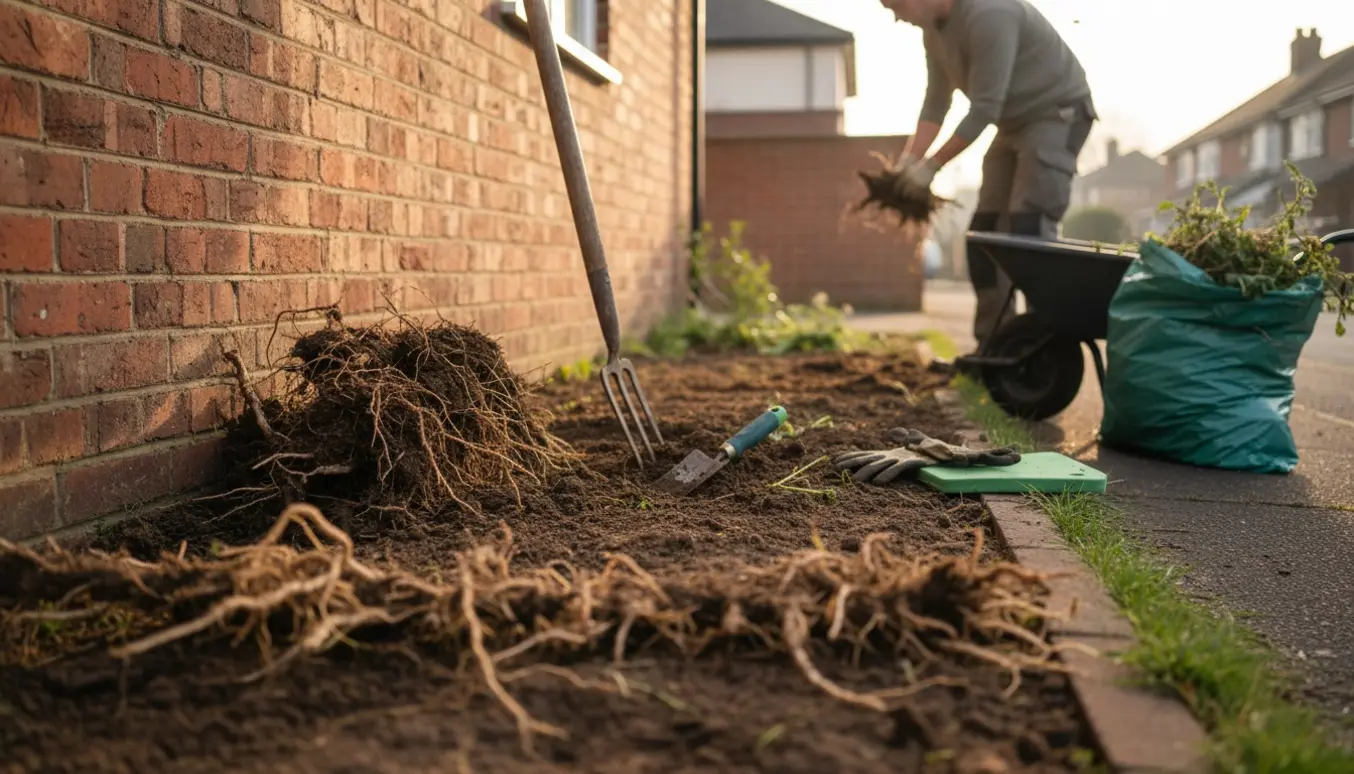 Hænder i handsker fjerner planter og rødder fra en lille forhave langs en mur.