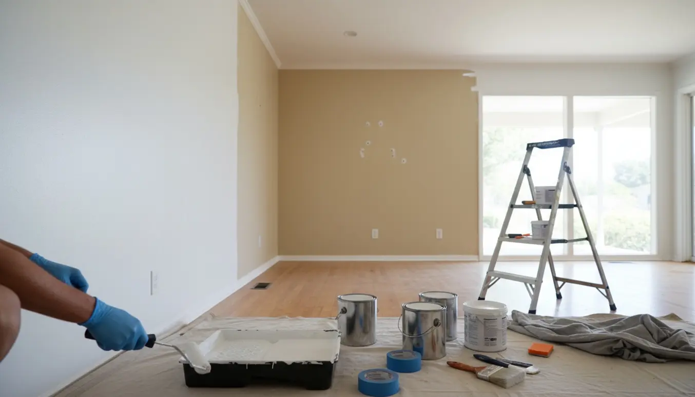 Hænder maler hvidt i et tomt hus med malerredskaber, spartlede huller og en stige i baggrunden.