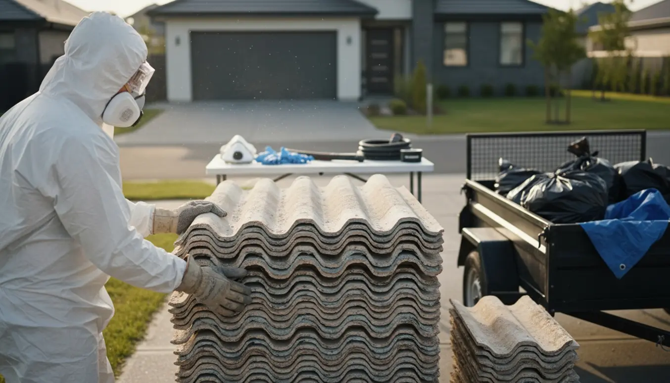 Stak af gamle eternit tagplader i indkørsel med beskyttelsesudstyr og trailer klar til sikker bortskaffelse.