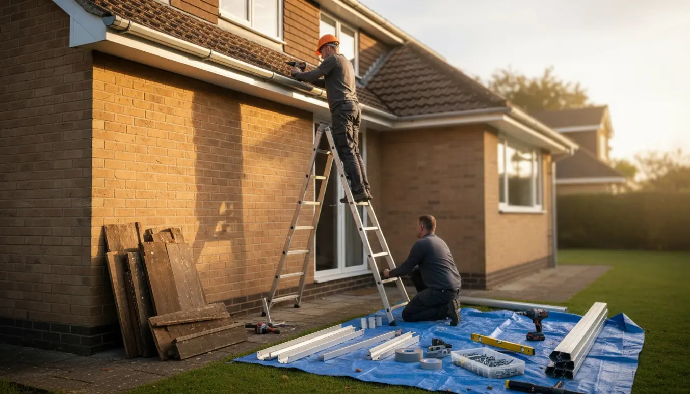 Håndværkere monterer nye udvendige tagrender på et hus med stige, rør og beslag.