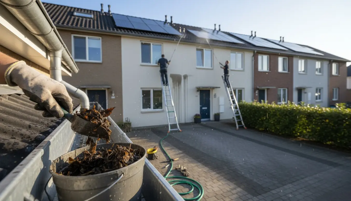 Håndværkere renser tagrender og nedløbsrør på fire rækkehuse, mens solceller skylles.