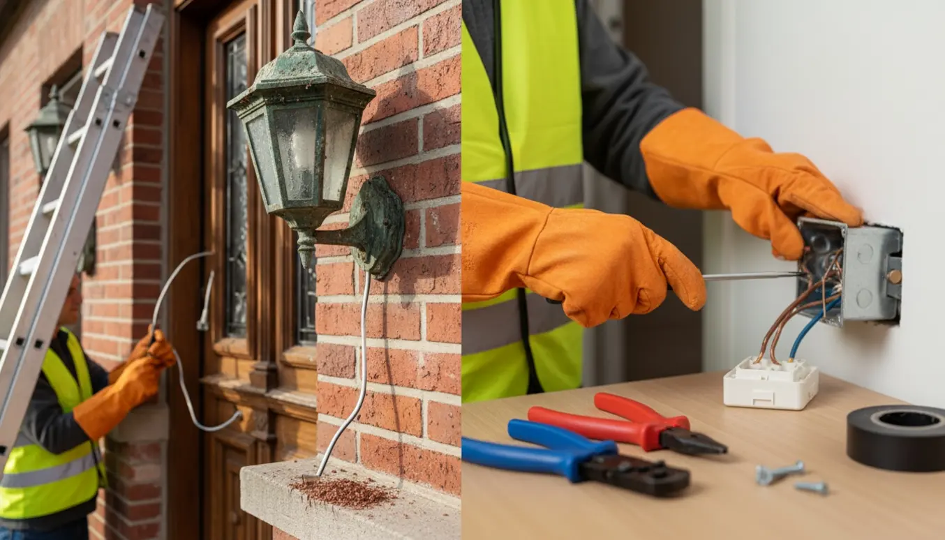 Elektriker fjerner en rusten udendørslampe over en villadør, mens hænder fastgør en løs stikkontakt indendørs.