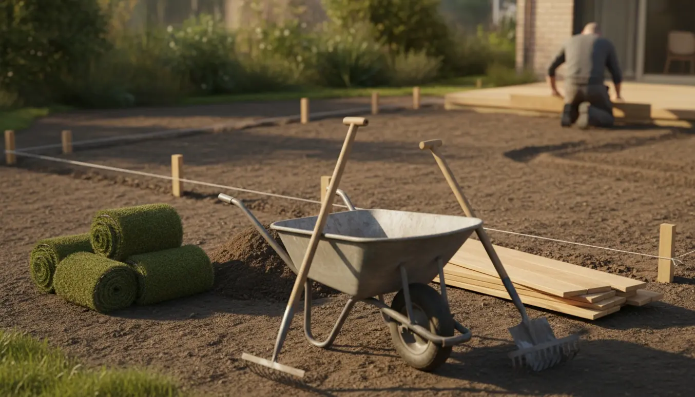 Ryddet og udjævnet haveareal med værktøj og afmærkede pløkker klar til en træterrasse.