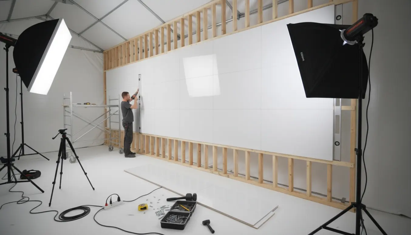 Hænder monterer hvide laminatplader på lægter inde i et foto-telt med studiolys og værktøj omkring.