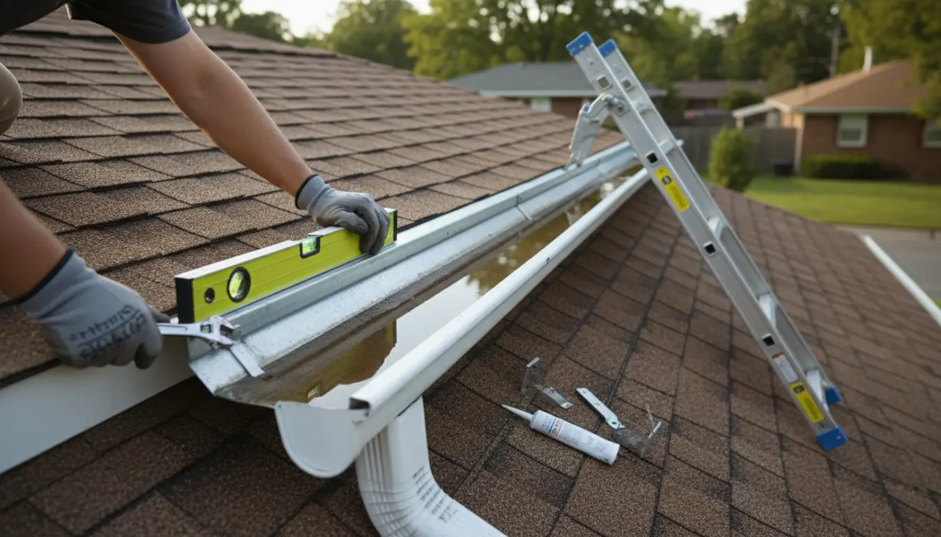 Nærbillede af en tagrende med stillestående vand, hvor handskerede hænder justerer beslag med et vaterpas.