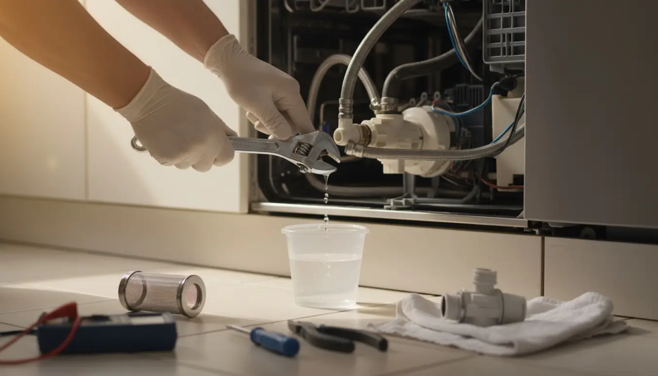 Handskerede hænder løsner slange på en åben opvaskemaskine for at reparere vandtilførselen med værktøj ved siden af.