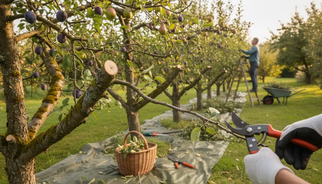 Beskæring af seks frugttræer i en baghave med beskæringsværktøj og opsamlede grene.