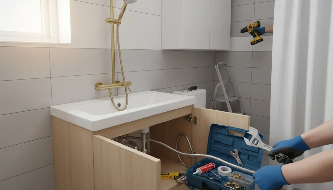 Montering af håndvask med skab og messing brusebadsæt i et flisebadeværelse med håndværkerhænder ved fittings.