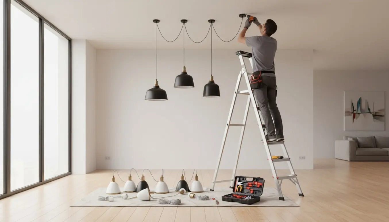 Håndværker på stige hænger flere pendellamper op i et lyst rum med værktøj og kabler synlige.