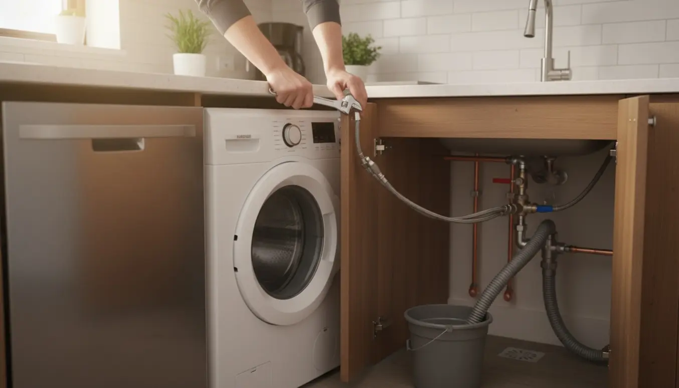 Installatør forbinder vaskemaskinens vand- og afløbsslanger i et køkkenskab mellem opvaskemaskine og vask.