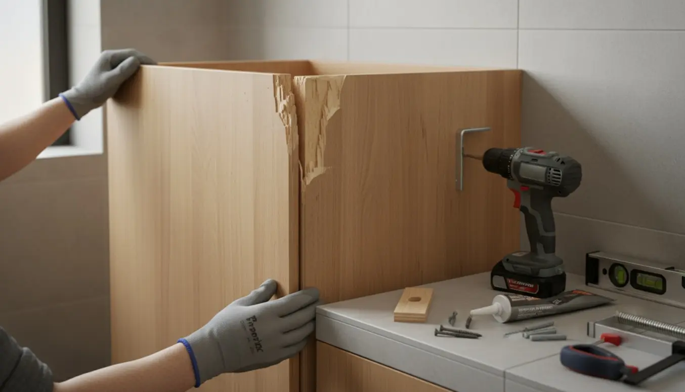 Badeværelsesskab trukket ud fra væggen mens hænder monterer en metalvinkel og reparationsværktøj ligger klar.