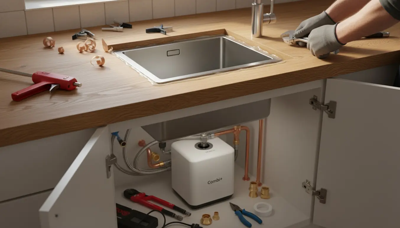 Nærbillede af montering af en planlimet køkkenvask i egetræ med åbent underskab og montering af en moderne Quooker-kran.