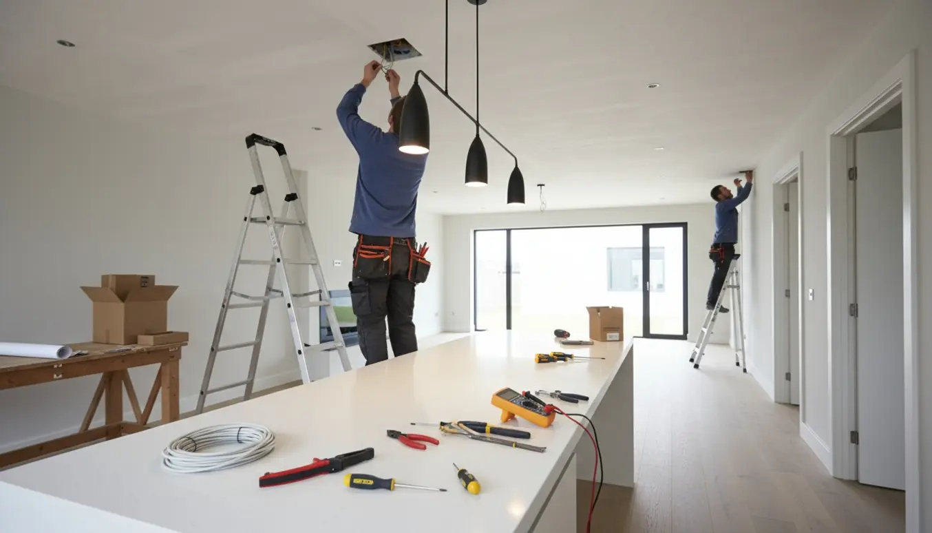 Elektriker monterer loftbelysning i et nyt åbent huskøkken med værktøj og ledninger synlige.