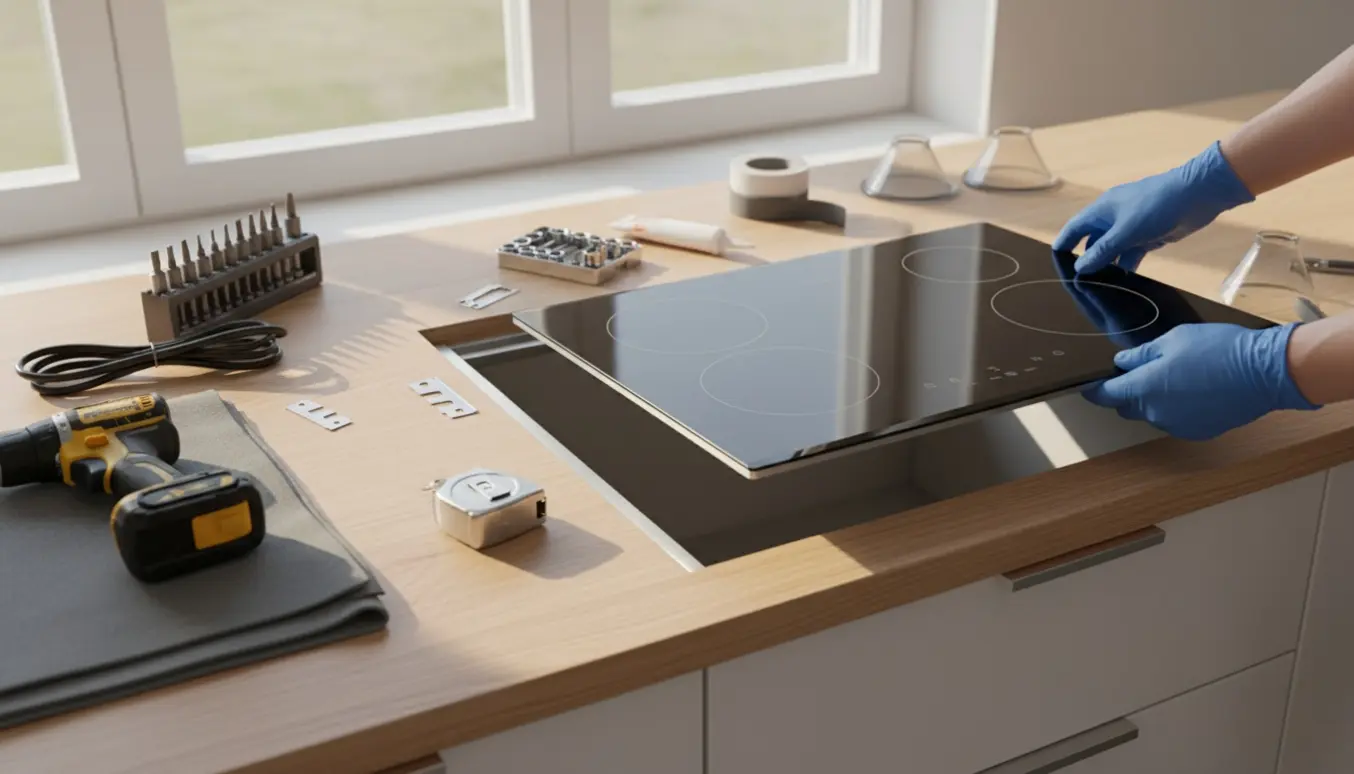 Hænder placerer en ny sort glasinduktionskogeplade i køkkenbordets udskæring med værktøj ved siden af.
