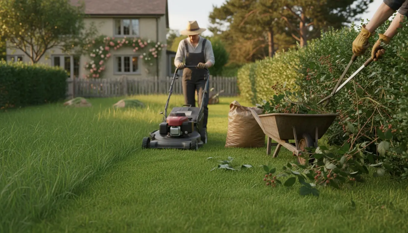 Sommerhusgrund hvor højt græs bliver slået og brombærskud klippet væk langs hækken.