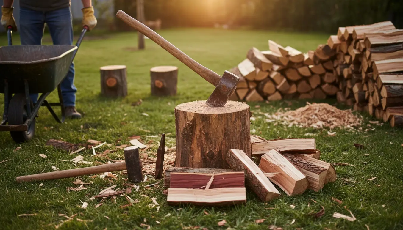 Stak af kløvet kirsebærbrænde på en kløveblok med kløvekølle og kile i en solbeskinnet have.