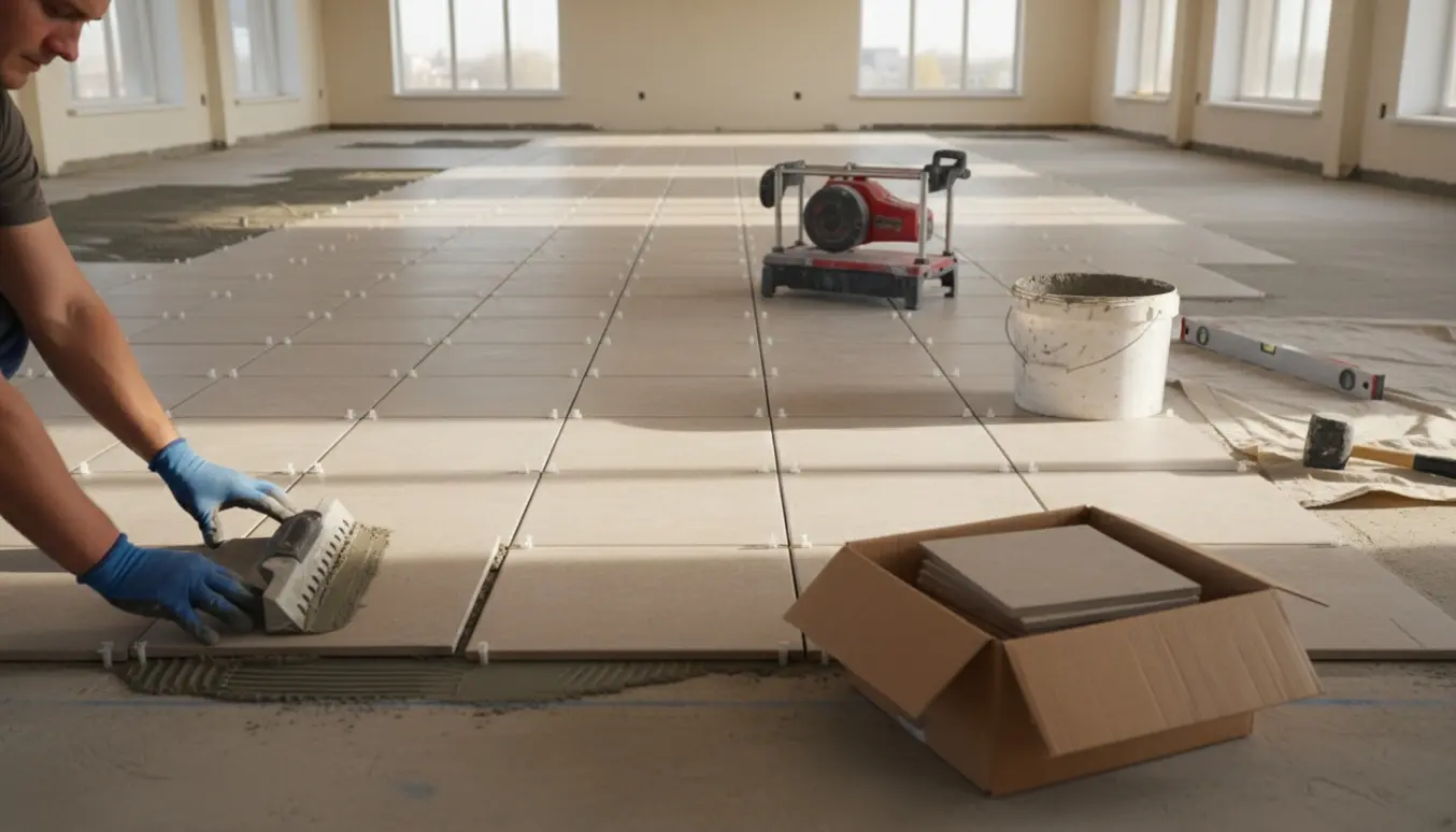 Klinkelægning i en stor hal med 30×30 cm fliser, fliseklæb og værktøj synligt.