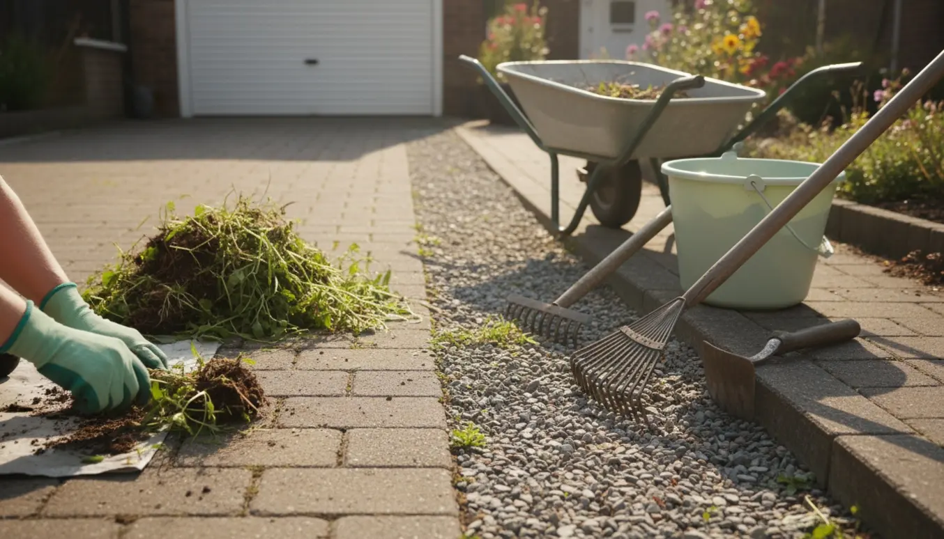 Nærbillede af haveredskaber og hænder, der fjerner blandet ukrudt mellem fliser i en indkørsel.