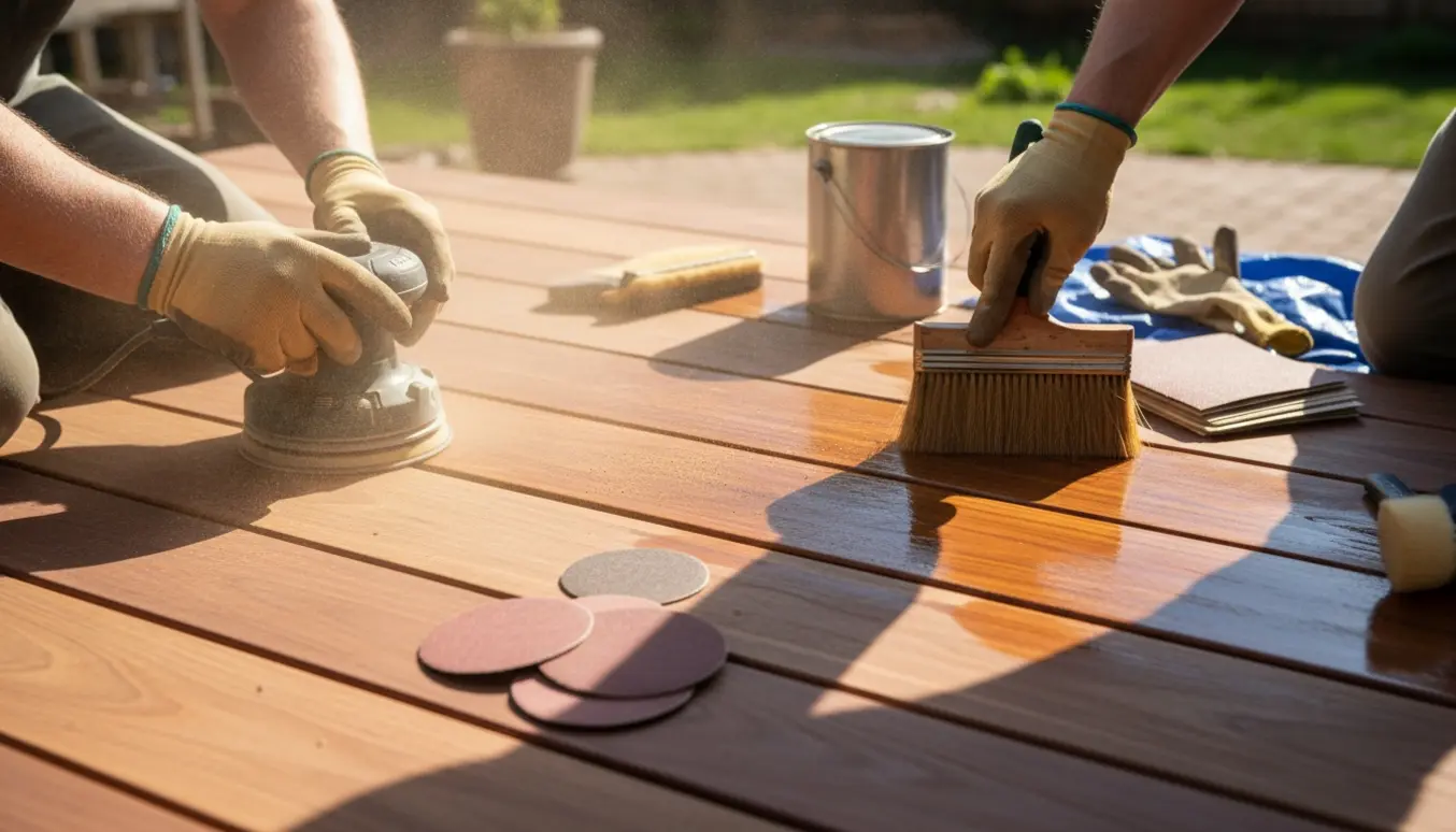 Nærbillede af hænder der sliber og oliebehandler en ny IPÈ træterrasse i forårslys.