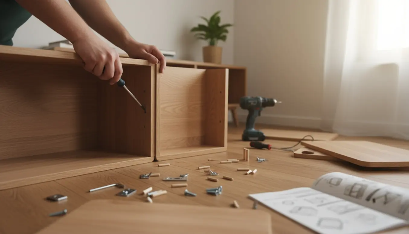 Nærbillede af samling af en reol og en skænk med værktøj og trædele i et lyst rum.