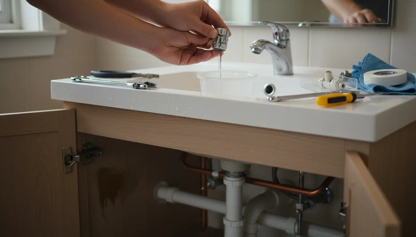 Nærbillede af hænder, der reparerer en knækket vandhane over en håndvask med dryppende vand og synlige rør under vasken.