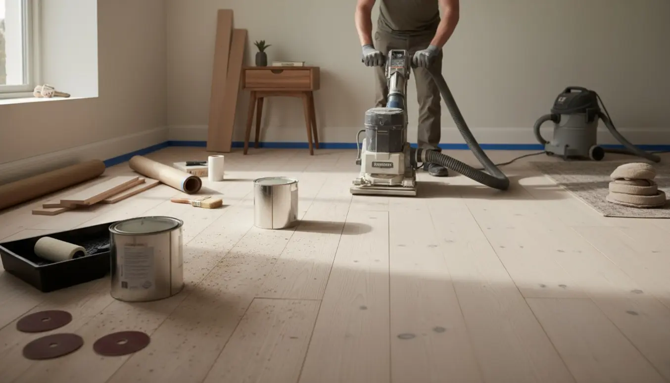 Nyligt slebet soveværelsesgulv, hvor den ene side er rå og den anden er behandlet med mat, lys lak, med sliber og værktøj i dagslys.