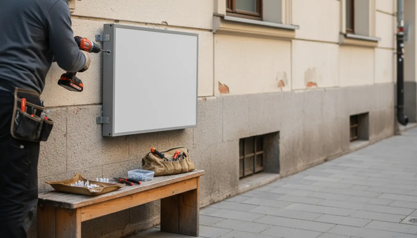 Person på bænk afmonterer et blankt metalskilt fra en murfacade med en elboremaskine.