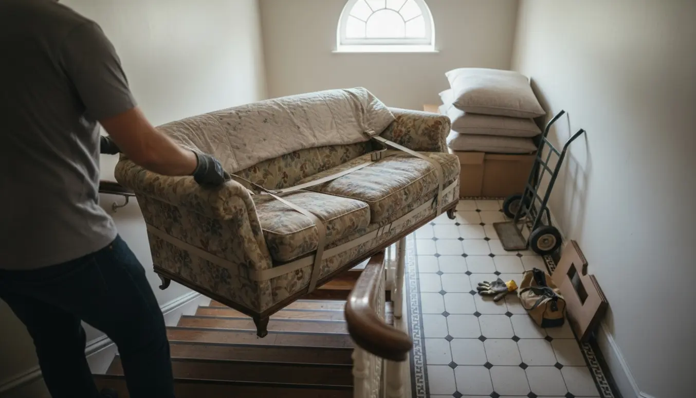 En flyttemand trækker en gammel sofa ned ad en smal opgangstrappe, pakket i flyttetæpper.