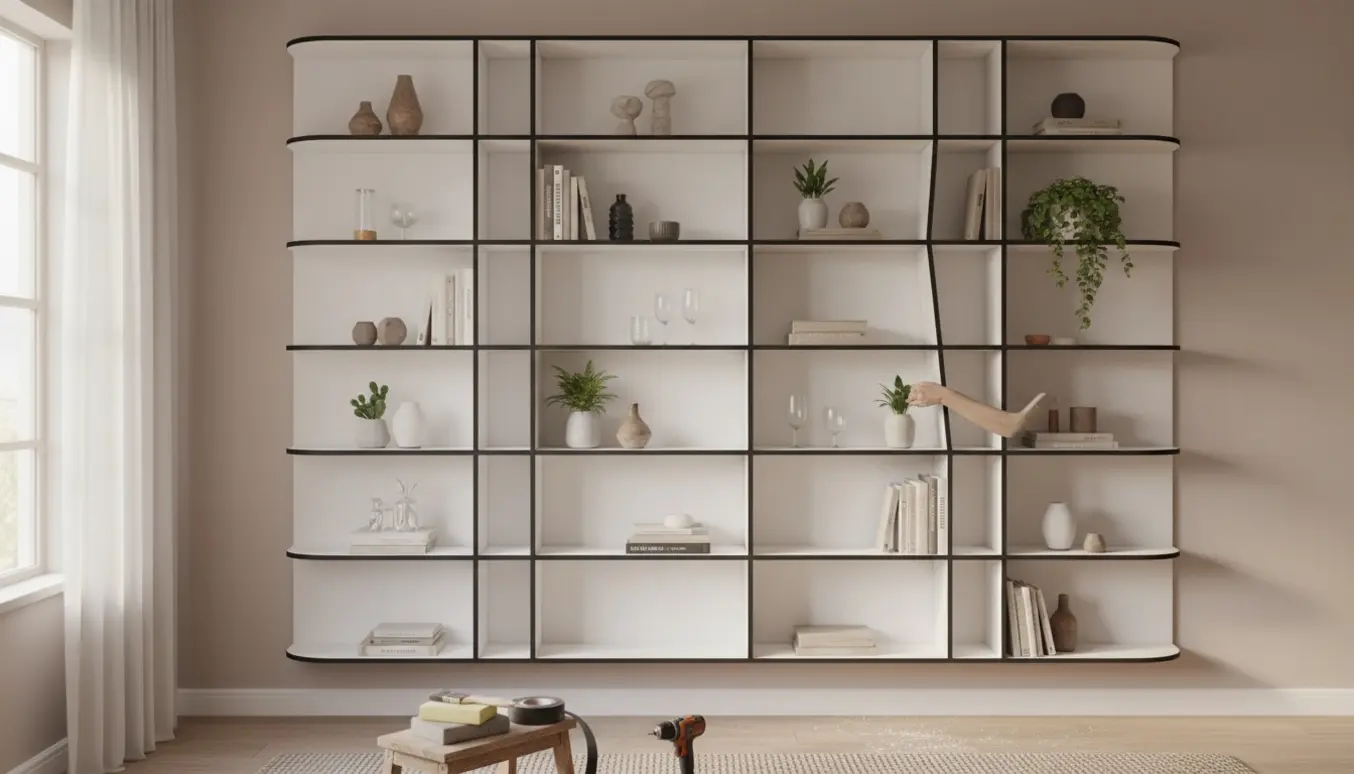 Hvid buet indbygget reol i MDF med sorte kanter, 2×2 m, syv hylder og sektioner, pyntet med vaser og nips.