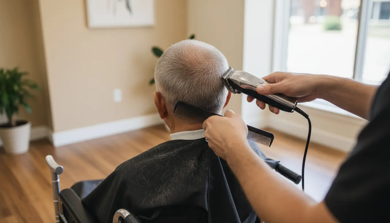 Ældre mand i kørestol får maskinklippet håret kort, set bagfra med klipper og kappe i fokus.