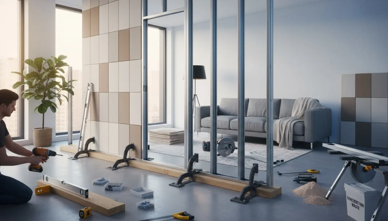 Halvfærdig skillevæg i stue med akustikplader på den ene side og værktøj samlet ved konstruktionen.