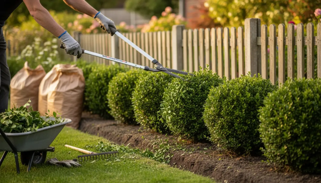 Person uden synligt ansigt klipper en lille ligusterhæk og samler afklip i trillebør med en ryddet 30 cm kant klar til fjernelse.