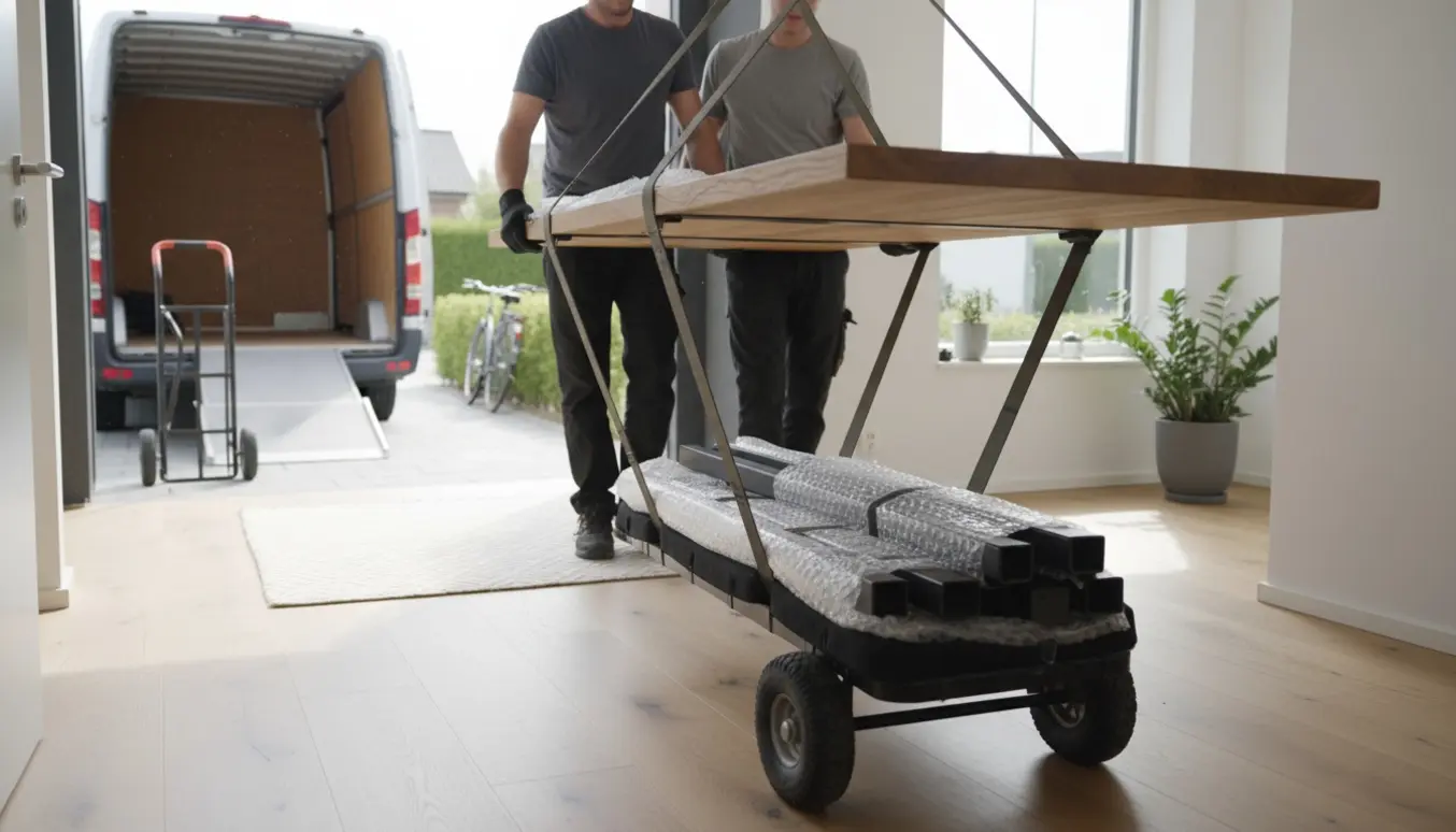 To personer bærer en 3 meter bordplade ind i et hus, beskyttet af flyttetæpper og løftestropper.
