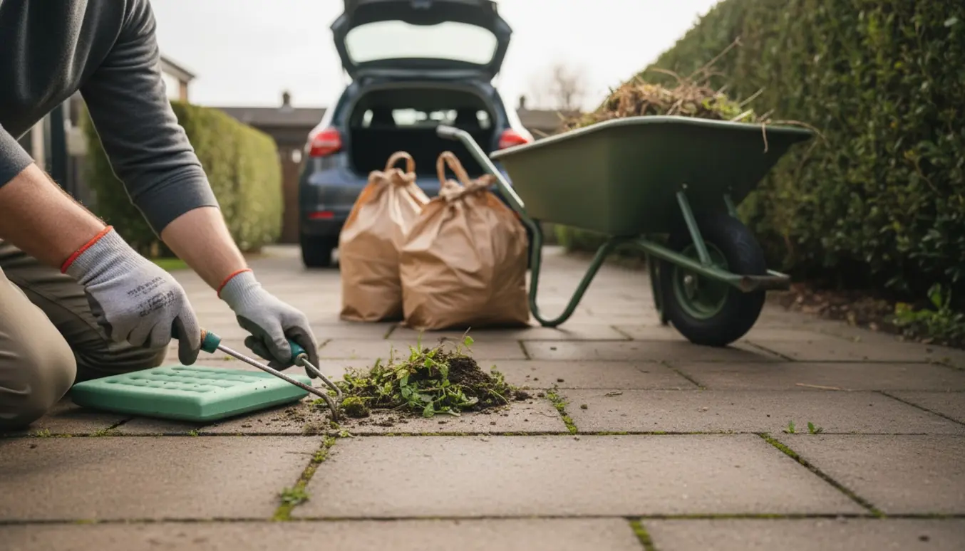 Handskerede hænder luger ukrudt mellem store fliser med trillebør og sække til haveaffald klar i baggrunden.