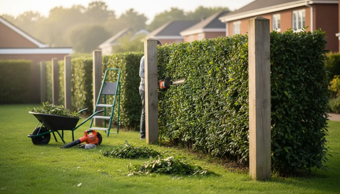 En person klipper en lang hæk i tre sektioner i en forstadshave med nyklippede grene og haveredskaber.
