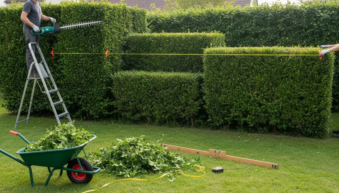 Professionel hækklipning i en have med forskellige højde-segmenter, værktøj og nyskubbet hæk.